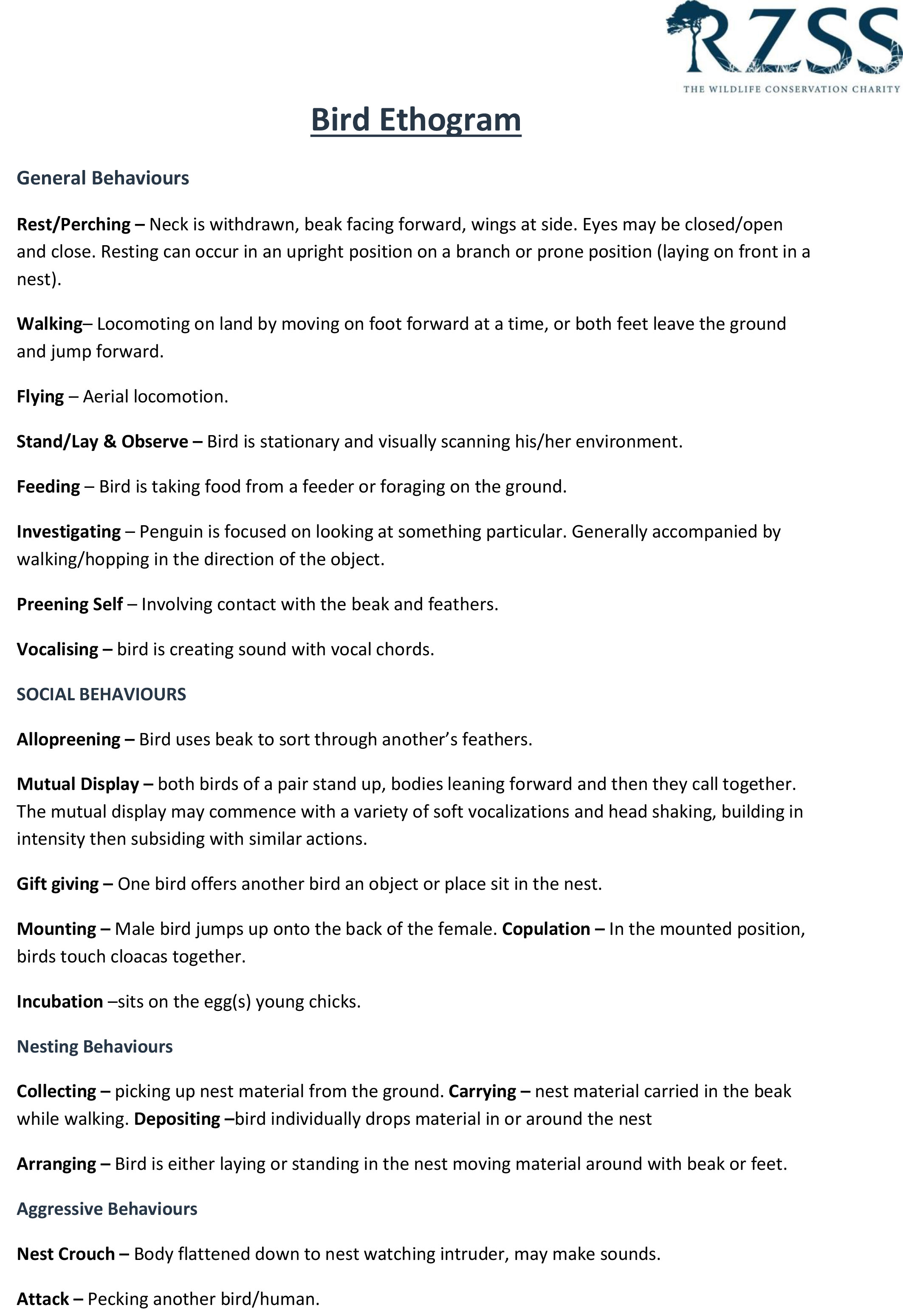 Example Datasheets, Ethograms and Guidance Birds